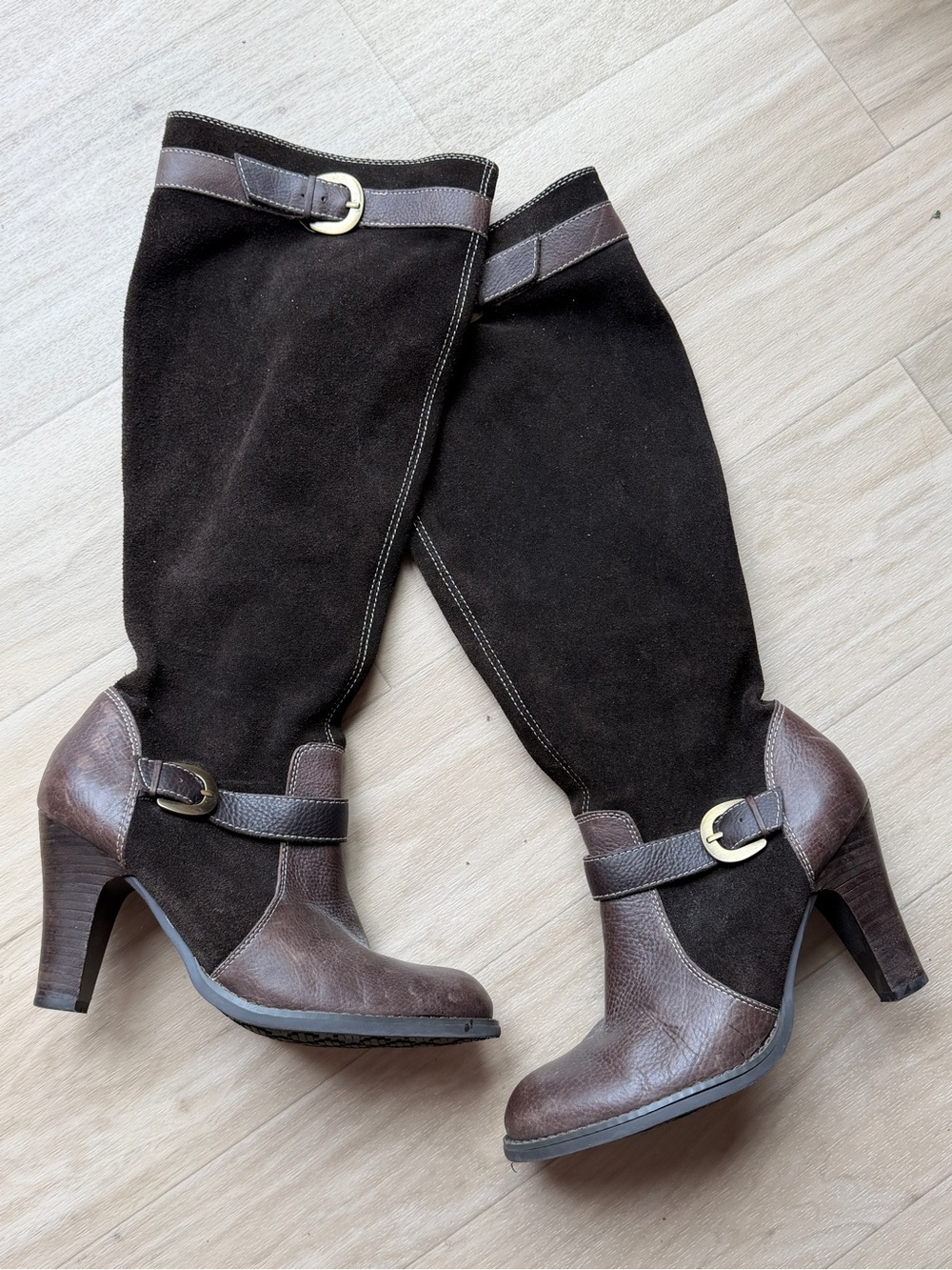 Vintage Y2K Relativity Knee High Leather Boots Size 9 Brown Buckle Heeled Boots